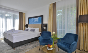 Doppelzimmer mit großem Bett, zwei blauen Sesseln, Stehlampe, Beistelltisch mit Obst und zwei bodentiefen Fenstern.