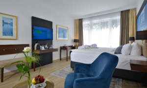 Doppelzimmer mit großem Bett, Sessel, Fernseher, Schreibtisch und gedecktem Tisch mit Obst.