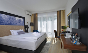 Einzelzimmer mit Bett, Schreibtisch, Minibar, Fernseher und bodentiefem Fenster.