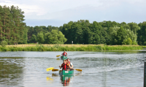 Celle_Aller_Kanutour Zwei Personen paddeln in einem Kanu auf ruhigem Fluss mit Wald im Hintergrund.