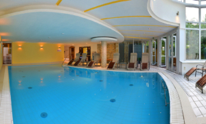 Hotel_Caroline_Mathilde_Celle_Schwimmbad_Pool_Wellness_0021 Großer Hotelpool mit Runddecke, vielen Liegen und Blick ins Freie.