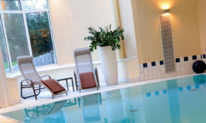 Hotel_Caroline_Mathilde_Celle_Schwimmbad_Pool_Wellness_0112_022 Schwimmbadbereich mit Pflanzen, Fenstern und zwei beigen Liegestühlen.
