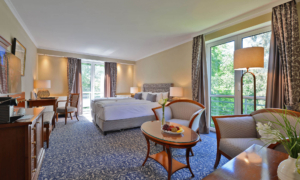 Geräumiges Doppelzimmer mit Teppichboden, Holzmöbeln, Sitzecke und Balkonblick.